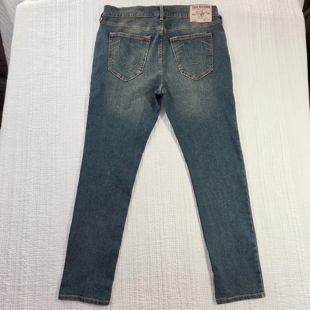 True Religion Rocco Relaxed Skinny Jeans Mens 36x32 Blue Dark Wash Stretch Demin